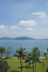 Fototapeta na wymiar blue tropical ocean. sunny weather, tropical blue sea. Beautiful sea from Kota Kinabalu Tanjungaru Resort