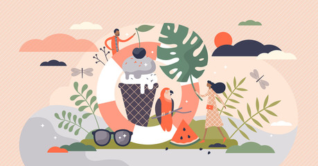Summer vector illustration. Hot season symbols flat tiny persons concept.
