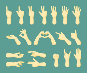 Hand signs set. Various communication of gestures with a hand and fingers, a signal of a smile, greetings, holding, stopping, good, gesturing, counting with a finger. Vector graphics in flat style