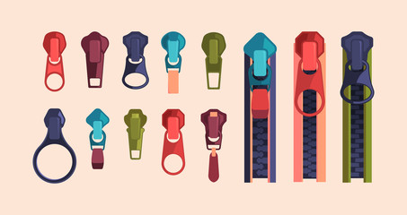 Zipper and sliders puller set. Metal clasp and zippers in blue, red, green color, decorative stripper mount, detail for fashionable, stylish clothing design. Vector graphics in a linear style. © alex_cardo