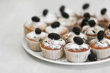 Plate with freshly baked sweet muffins. Sweet pastries, recipes, cooking