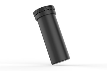 Blank Plastic Health Aid Supplement Vitamin Round Dissoluble Pills Tablet Tube Bottle With Desiccant Spring Cap Packaging for branding and mock up On White Background, 3d render illustration.