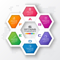 Hexagon business infographics template with 6 options in white color background