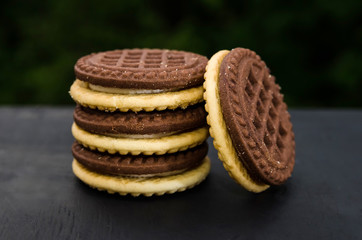 sandwich cookies on a black background. Close-up. Delicious shortbread double cookies with butter cream.