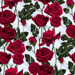 Seamless pattern of red flowers roses and leaves.