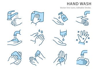 Washing hands line icon set. Vector illustration. Editable stroke.