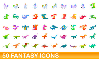 50 fantasy icons set. Cartoon illustration of 50 fantasy icons vector set isolated on white background