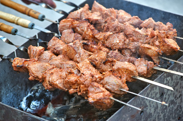 Cooking delicious pork shish kebab on the grill