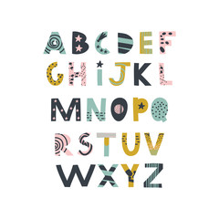 Abstract decorative English alphabet. Space, cute Kids font. Ideal for education, home decor. Vector Illustration can be used for quotes, poster, cards and kids fashion prints.