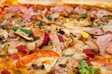 tasty pizza, background. Pizza with ham, meat, cheese, tomatoes and mushrooms. Close-up.