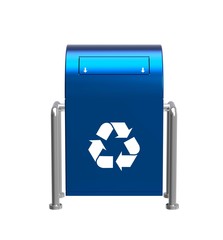 Blue recycling bin with recycle sign. 3D illustration.