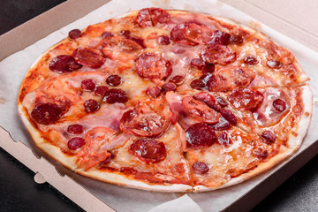 Pepperoni pizza with mozzarella cheese, salami, tomatoes, pepper and spices