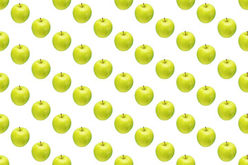 Pattern of green apples on a white background. Isolated fruits. Image for fabric, wallpaper and wrapping paper.