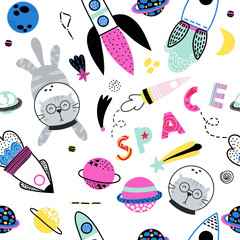 Animals and spaceships, rockets, planets, stars hand drawn seamless vector fill. Cute childish drawing. Baby wrapping paper, textile, vector illustration