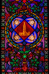 Stained glass window, Montserrat monastery on mountain in Barcelona, Catalonia.