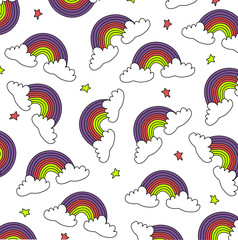 Vector cute rainbow and clouds. Cute clouds and rainbow drawing vector illustration design. Vector pattern with cute clouds. Greeting card, Vector seamless pattern with cute cartoon rainbow.