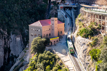 Cremallera train, Montserrat monastery on mountain in Barcelona, Catalonia.