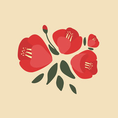 Vector hand-drawn illustration of red Japanese camellia on a beige background. Cute picture, a bouquet of cartoon flowers.
