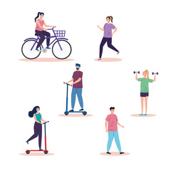 group people practicing activities avatar characters vector illustration design
