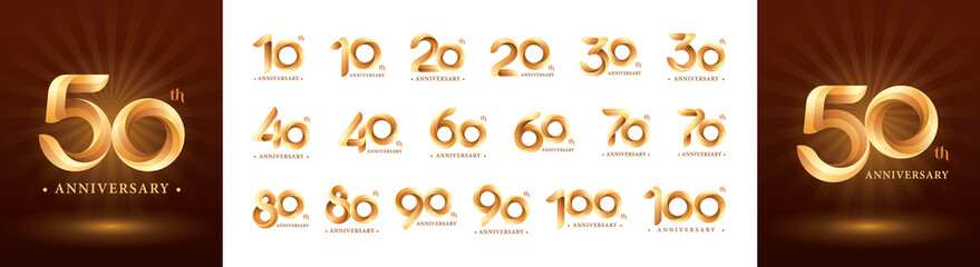 Set of 10 to 100th Anniversary logotype design, Twist Ribbons Logo, Origami stylized Number