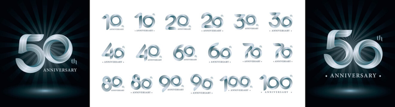 Set of 10 to 100th Anniversary logotype design, Twist Ribbons Logo, Origami stylized Number
