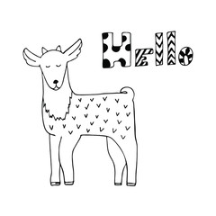 Hand drawn little goat say hello. Sketch vector illustration. Cute and fun.