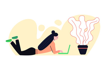 Woman lying on the floor with laptop. Study or work, relax, freelance. Flat vector illustration.