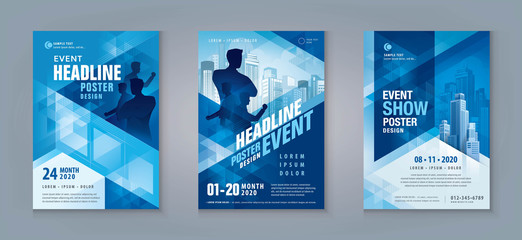 Business Flyer Poster Design Set. Layout Template, Abstract Blue Geometric Triangle