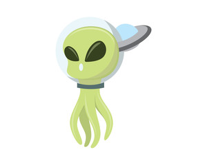 Cute and Sweet Alien with Flying Ufo Behind Illustration