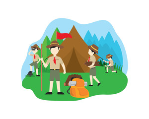 Fototapeta premium Boy Scouts Building Tent Collecting Firewood and Watching Around Illustration 