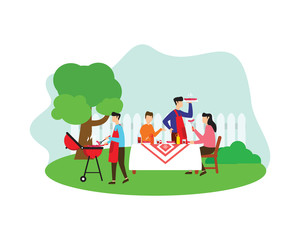 BBQ or Barbeque Party at the Backyard Eating and Grilling Together Illustration