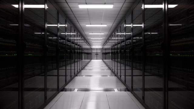 Digital information flows through network and data servers behind mesh panels in a server room of a data center or ISP. Network and data servers behind glass panels in a server room of a data center 