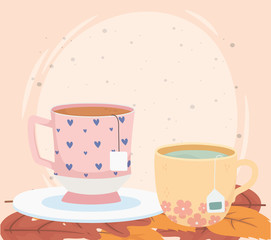 tea time, cups with tea bags leaves herbal design
