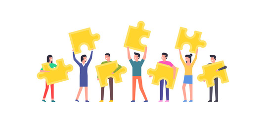 People connecting puzzle elements. Team metaphor. Business concept. Flat Style. isolated on white background