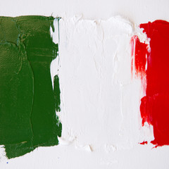 Painted flag of Italy. Italian tricolor. Abstract vivid green white red background, oil on canvas, creative design element of national symbolism, perfect texture, soft focus, isolated