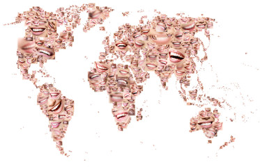 Happy Earth concept. Collage of laughing human faces, world map. Healthy beautiful smiles....