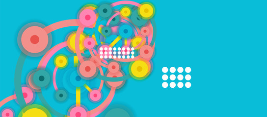 Flat style geometric abstract background, round dots or circle connections on color background. Technology network concept.