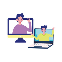 education online, laptop students cartoon characters talking bubbles