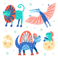 Set of little cute dinosaurs. Dilophosaurus, Pterodactyl.  Prehistoric animals. Jurassic world. Paleontology. Reptile. Archeology. Flat colourful vector illustration, art isolated on white background. © Fox._.biz