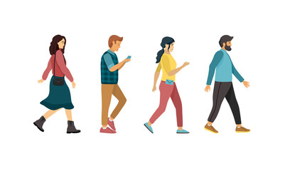 Girls and boys  go in Modern Clothes.  Flat Cartoon Illustration isolated.  Group of young people isolated on a white background. Group of male and female cartoon characters with mobile phones. 