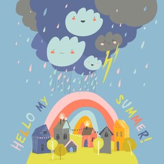 Little cartoon town in summer storm. Hello summer