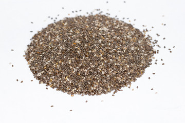 Chia seeds close-up background macro. The texture of the Chia seeds. Chia seeds on a white background. Healthy food from Chia seeds.