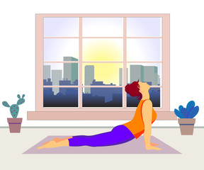Fototapeta na wymiar yoga at home. Stay home - quarantine Coronavirus. female, girl pose yoga in an apartment, against the background of a window and sun. Vector yoga concept. Kovid-19 - closing gyms of fitness 