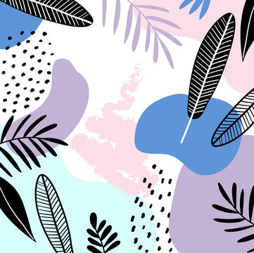 Abstract creative pattern with tropical plants. Modern collage floral pattern. Wrapping paper or fabric. Texture for menu, booklet, banner, website. Vector illustration.