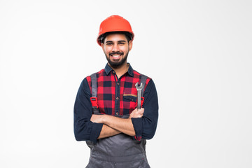 Handsome smiling indian man contractor isolated over white background