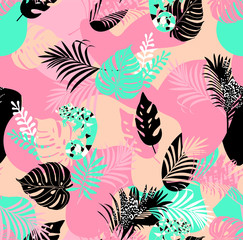 Fototapeta na wymiar Exotic tropical foliage an camouflage chameleon in trendy colors artwork for tattoo, fabrics, souvenirs, packaging, greeting cards and scrapbooking,bed linen,wallpaper