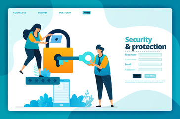Landing page vector design of security and protection. Design for website, web, banner, mobile apps, poster, brochure, template, billboard, welcome page, promotion, cover, business card, advertisement