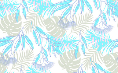 Fototapeta na wymiar pattern seamless of tropical leaves, flowers on trend color background. Banner with tropic summertime topic wrapping paper, textile or wallpaper design,background, bed linen