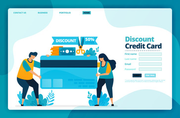 Landing page vector design of discount credit card. Design for website, web, banner, mobile apps, poster, brochure, template, billboard, welcome page, promotion, cover, business card, advertisement