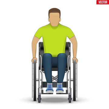 Disabled man in wheelchair. Disability Man sitting in wheelchair and hold wheel. Front view. Vector Illustration isolated on white background.